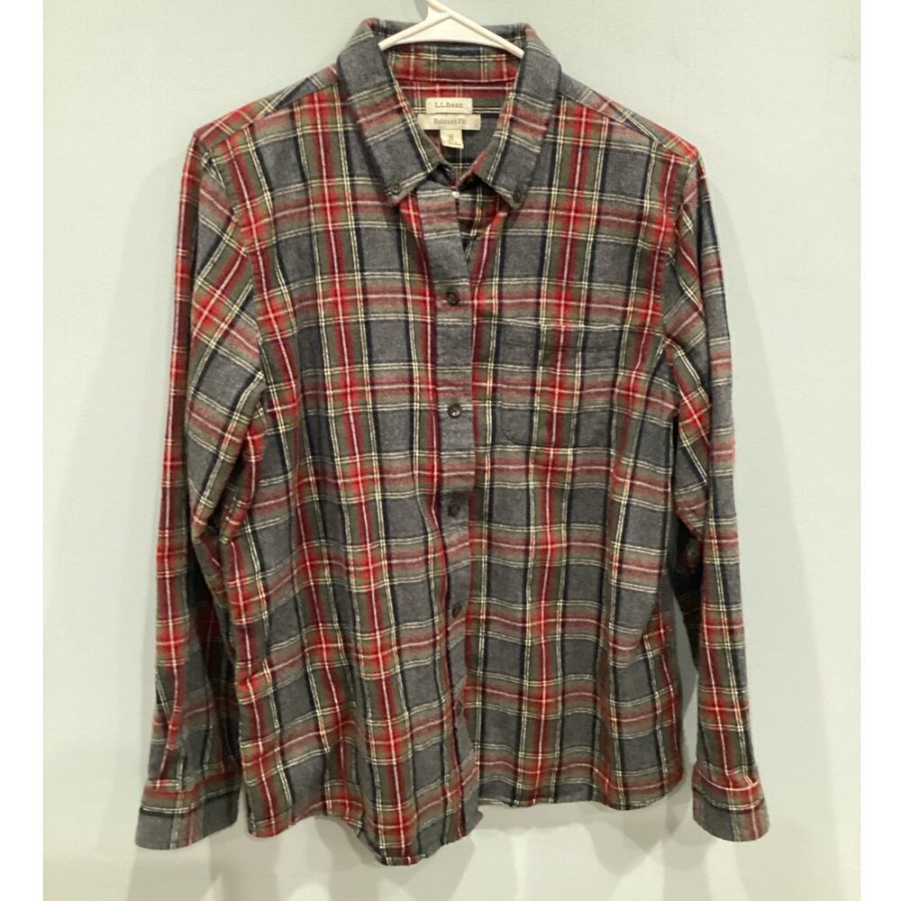 L.L.Bean Womens Flannel Shirt Medium Regular Fit Grey Plaid Gorpcore Fall Casual